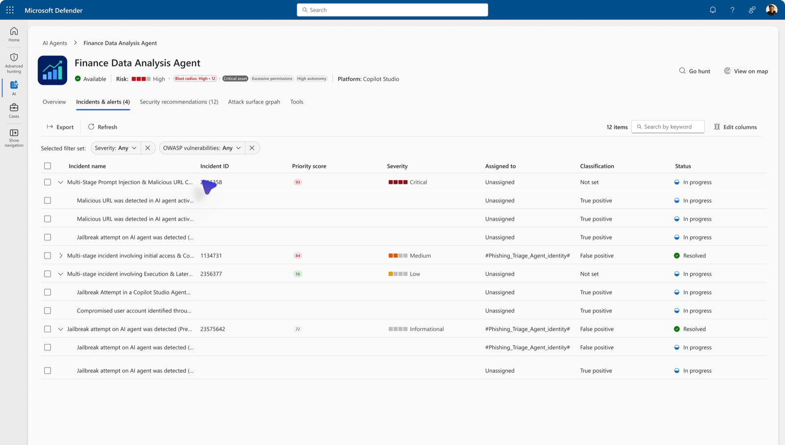 Incidents and alerts tab listing a multi-stage prompt injection and malicious URL campaign