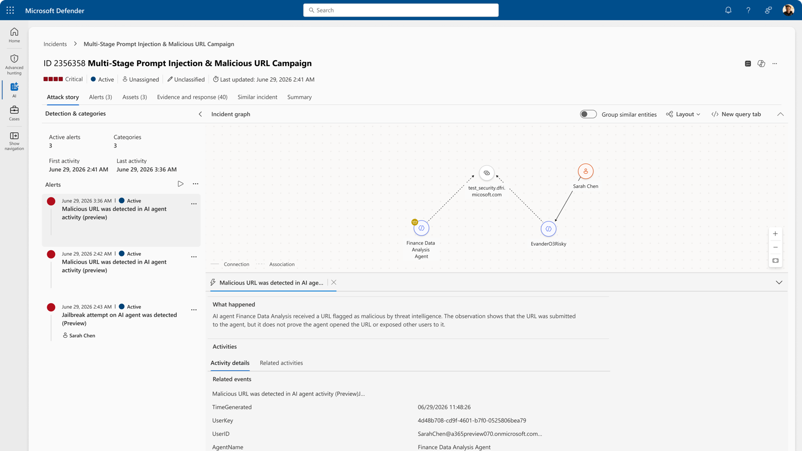 Incident attack story with a graph linking the agent, a malicious URL and a user
