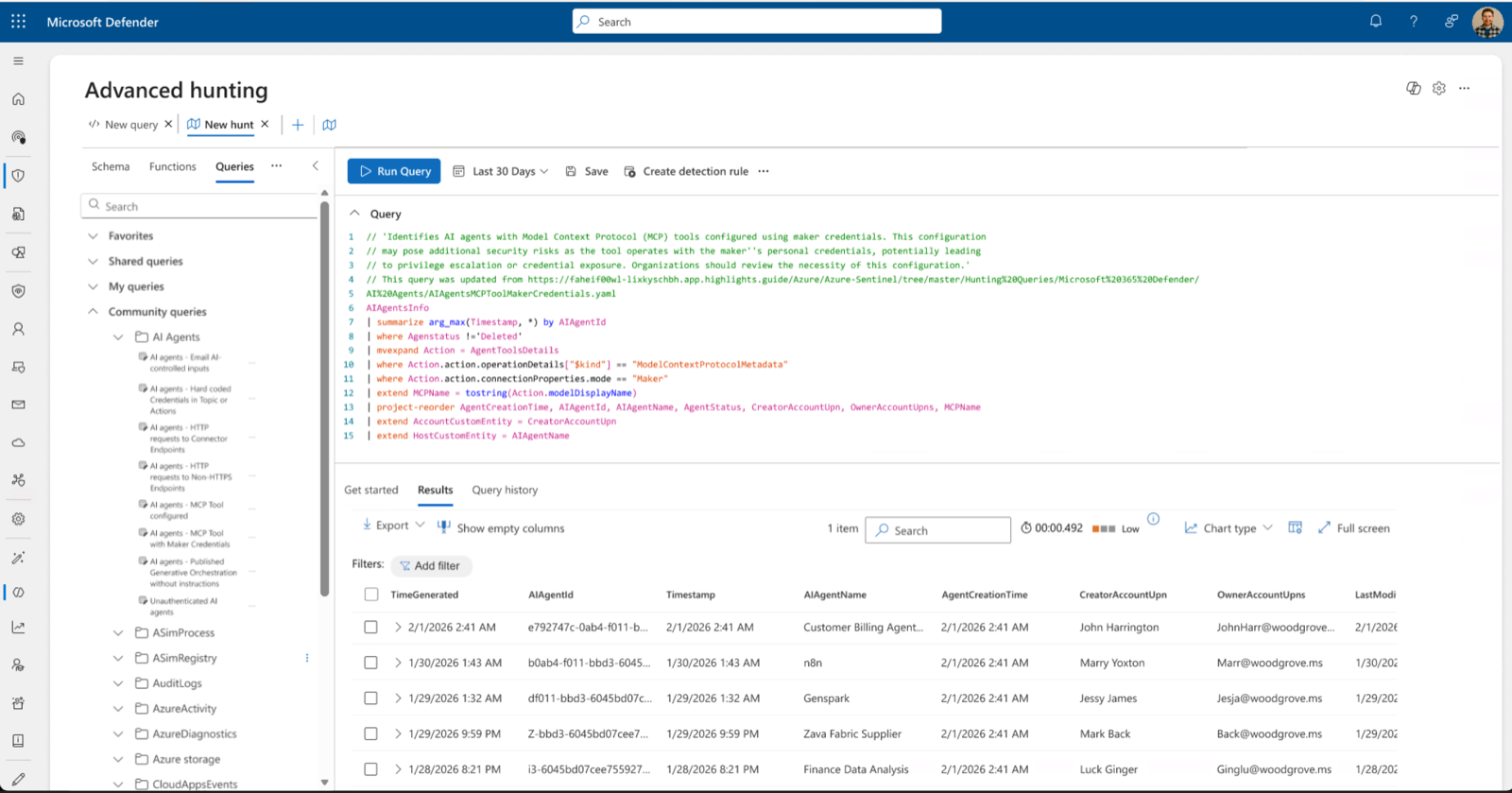 Advanced hunting community query for AI agents with MCP tools using maker credentials