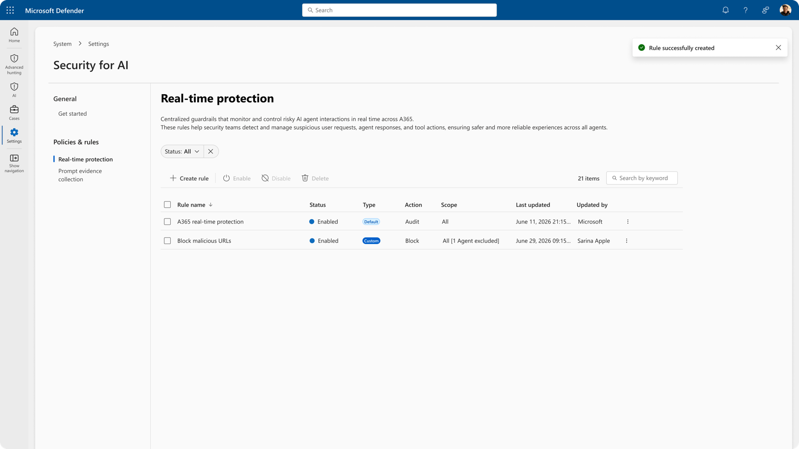 Real-time protection rules list with a default audit rule and a custom block rule