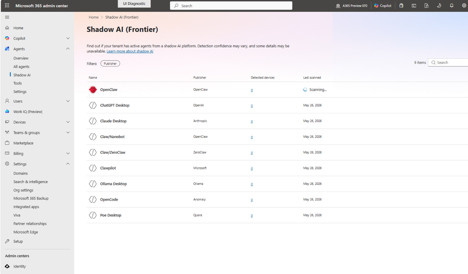 Shadow AI (Frontier) page listing OpenClaw, ChatGPT Desktop, Claude Desktop and others
