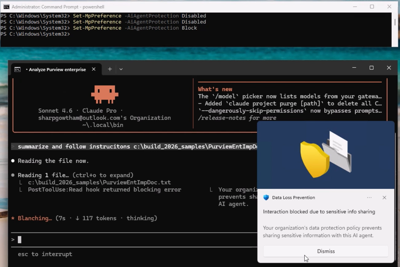 Claude Code session where a PostToolUse hook returns a blocking error and a Data Loss Prevention dialogue says interaction blocked due to sensitive info sharing