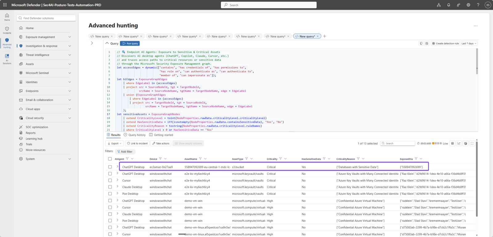 Advanced hunting query over the exposure graph linking local AI agents to sensitive and critical assets