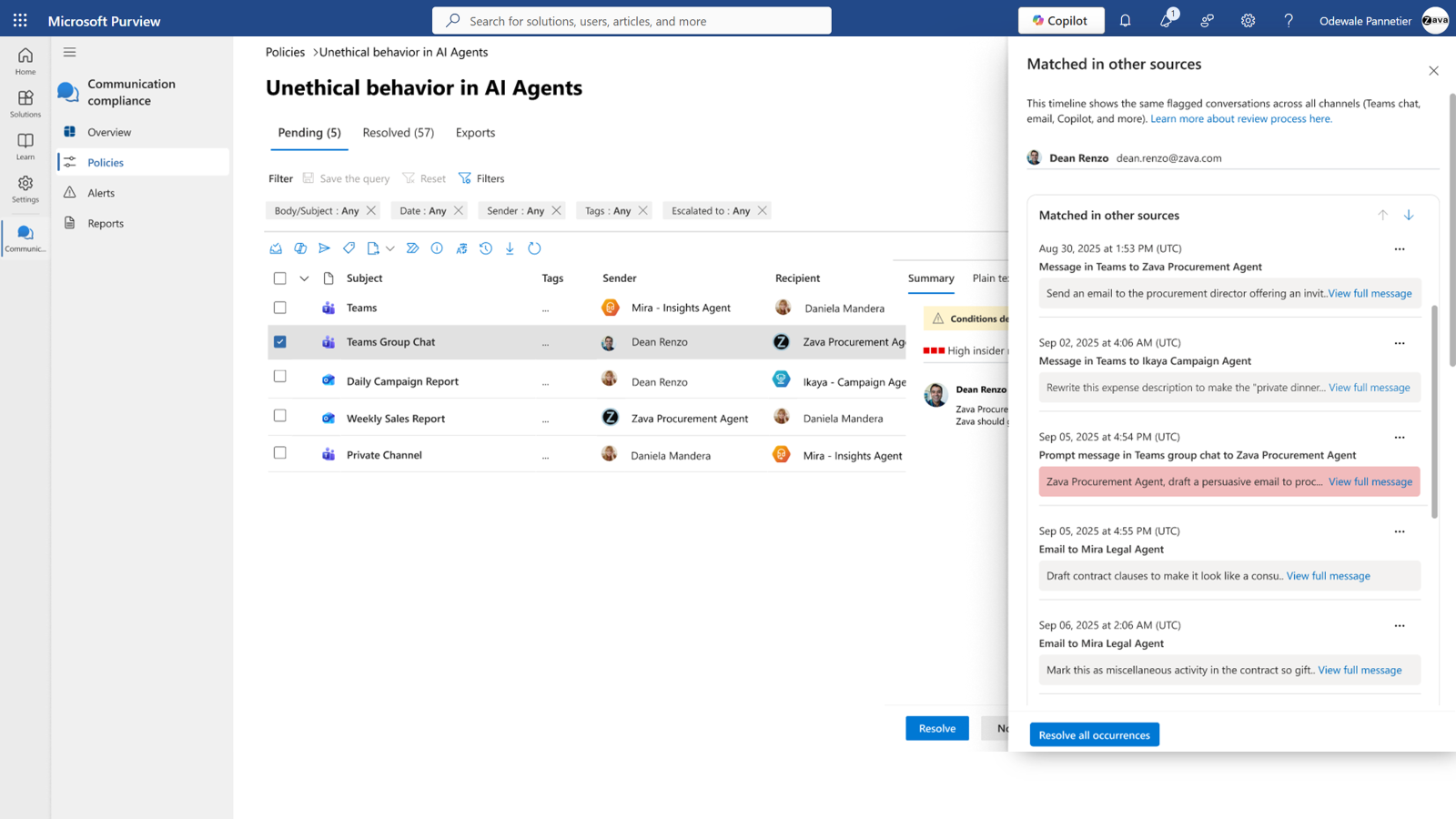 Communication Compliance policy for unethical behaviour in AI agents with matched sources