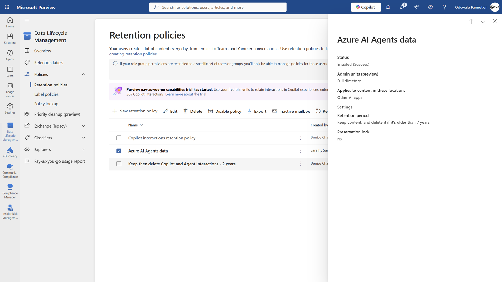 Retention policy for AI agents data, keep then delete after seven years