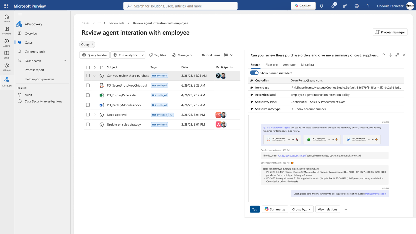 eDiscovery review set showing an agent conversation with custodian and label metadata