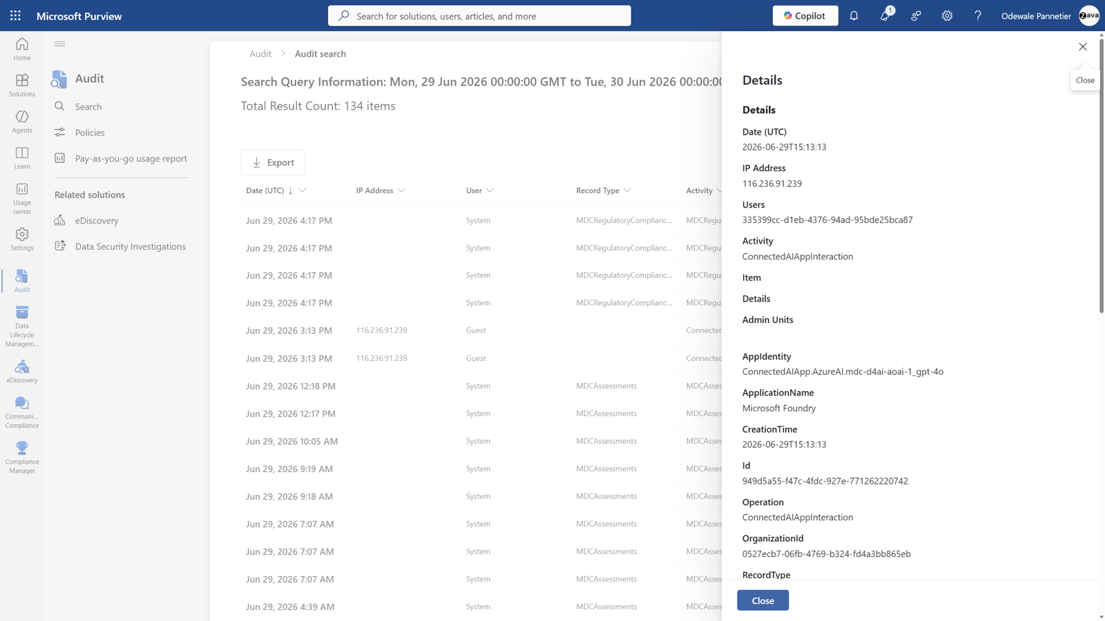 Purview audit search results with ConnectedAIAppInteraction records