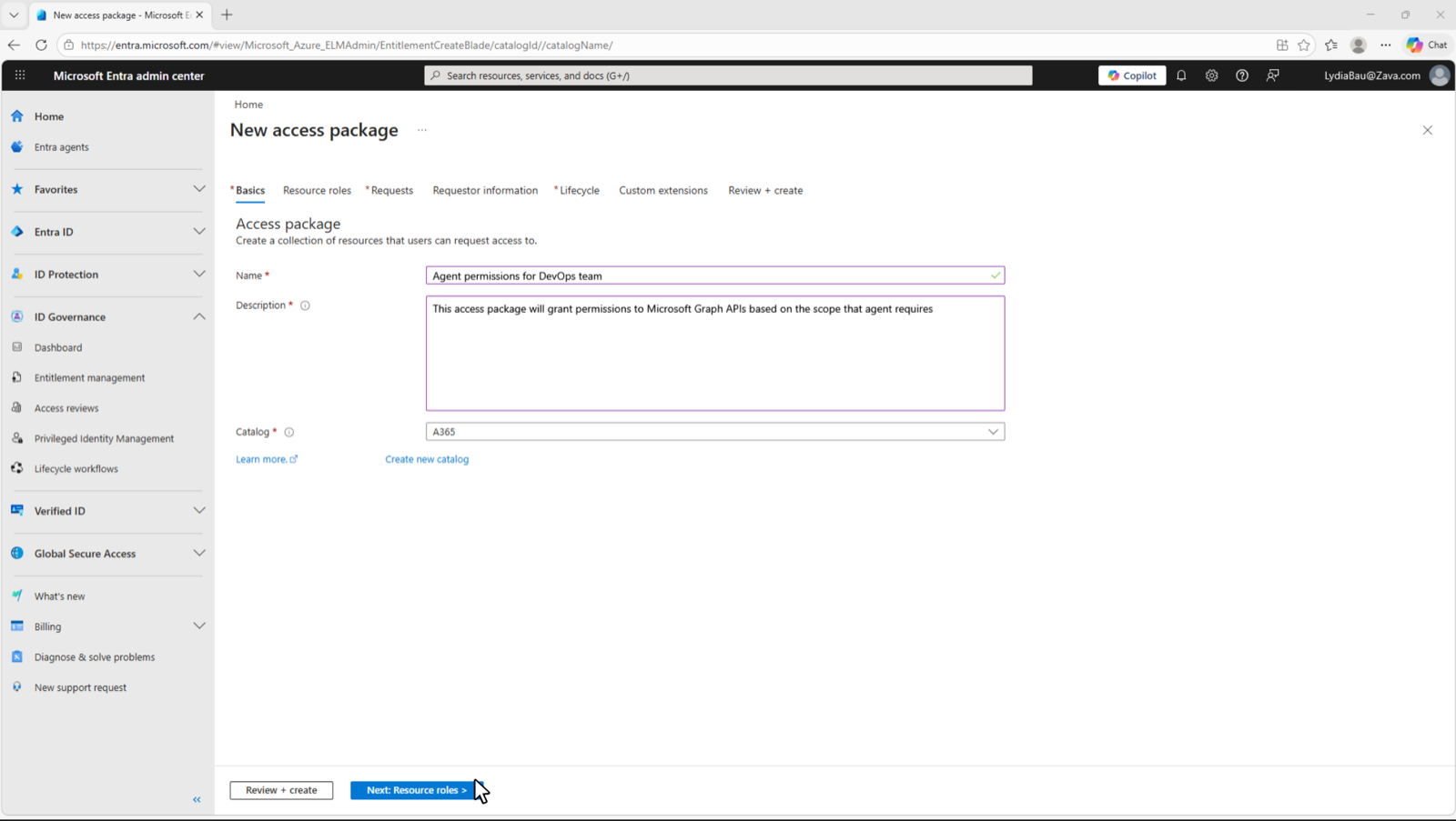 New access package: name, description and catalogue