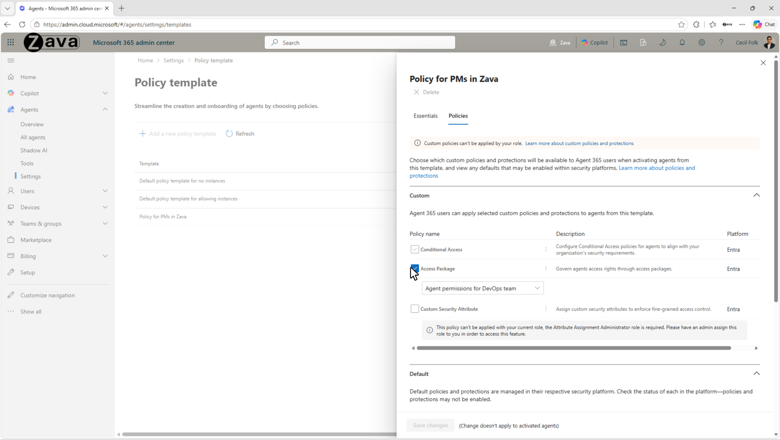 Policy template pane with Conditional Access, Access Package and Custom Security Attribute policies