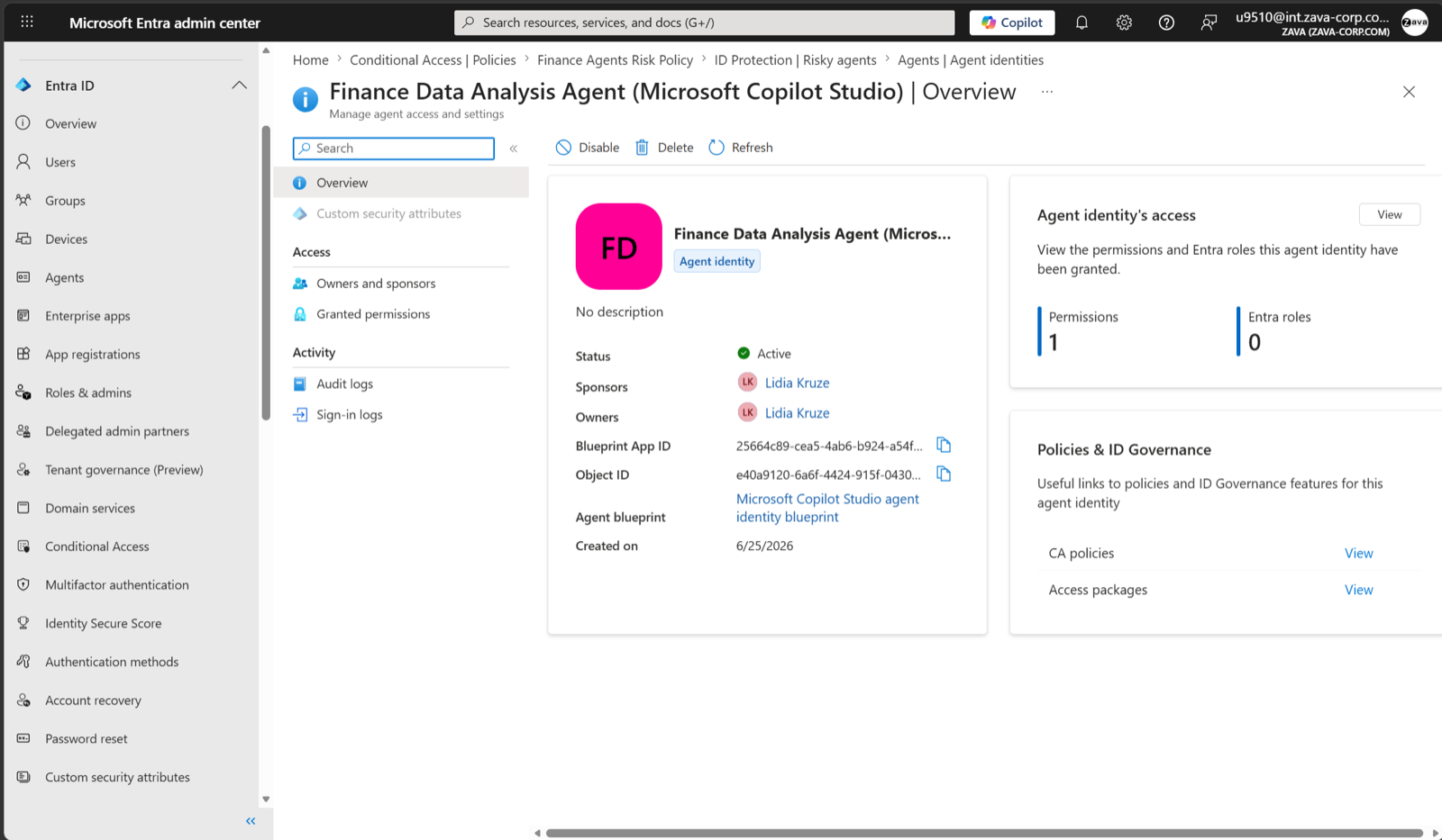 Entra admin centre overview of a Copilot Studio agent identity showing sponsors, owners, blueprint and granted permissions