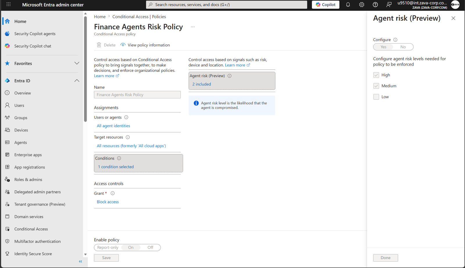 Conditional Access policy for all agent identities with the Agent risk (Preview) condition set to High and Medium, grant Block access
