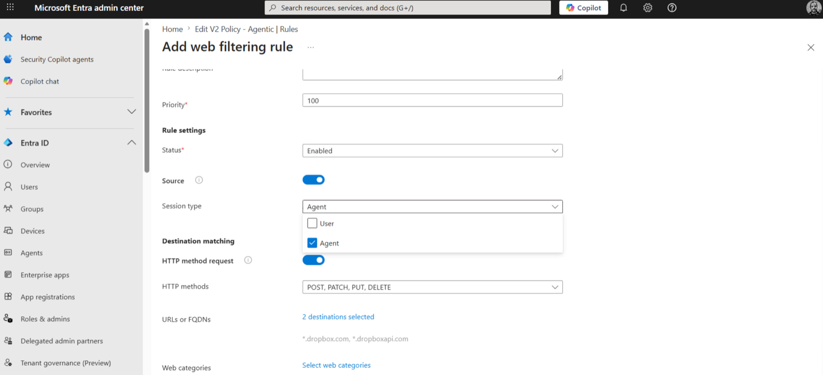 Global Secure Access web filtering rule with session type set to Agent, HTTP methods POST PATCH PUT DELETE, and two destinations