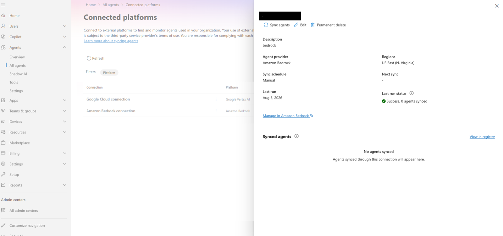 Connected platforms page with a Google Cloud connection and synced agents