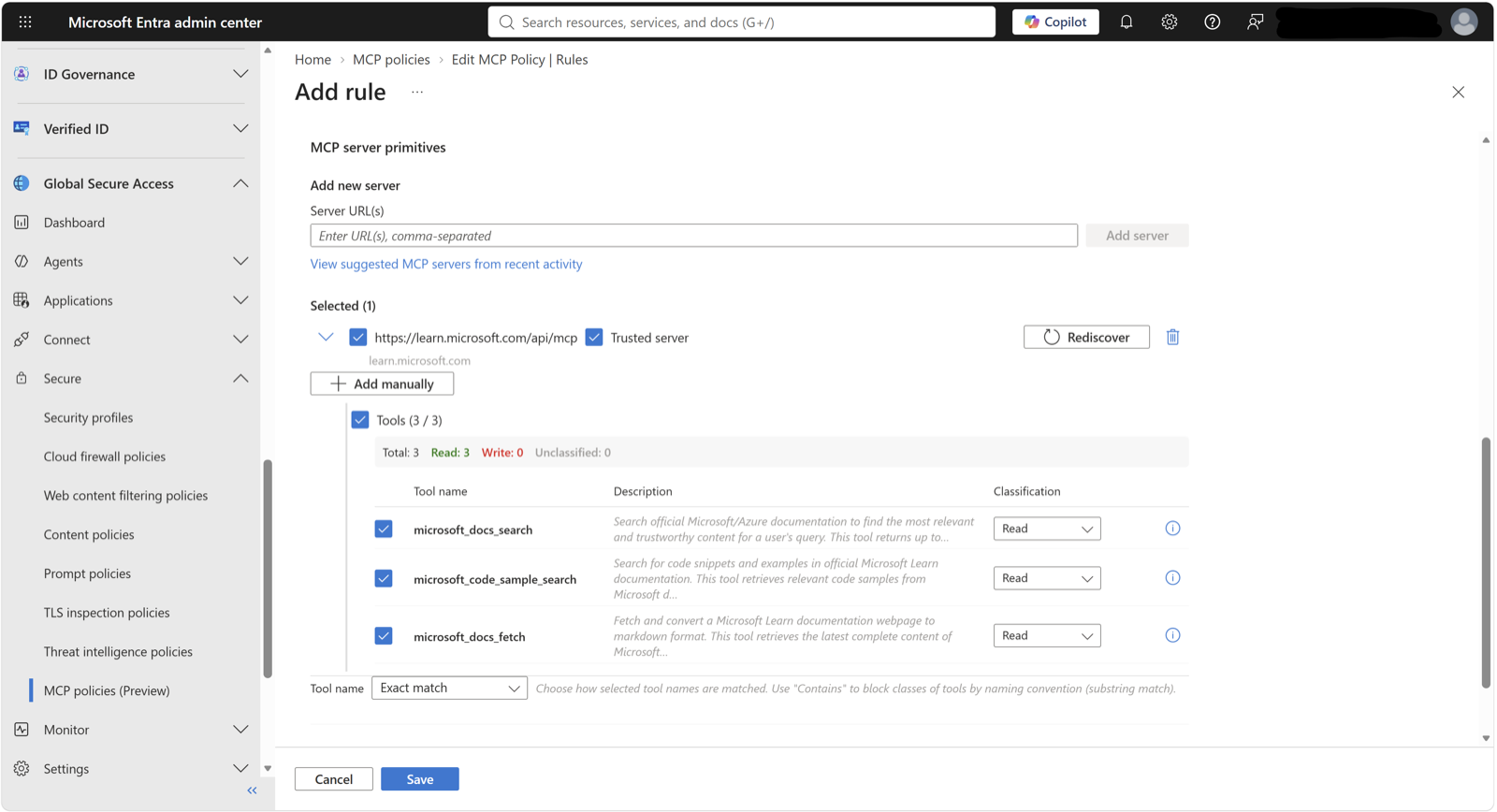 MCP policy rule editor showing discovered tools on a server with classifications