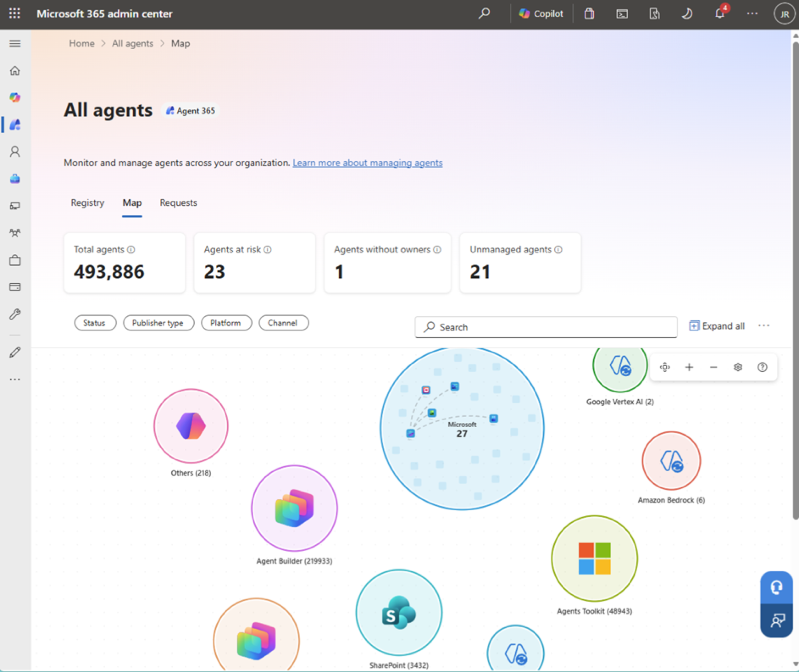 Agent map clustering agents by platform