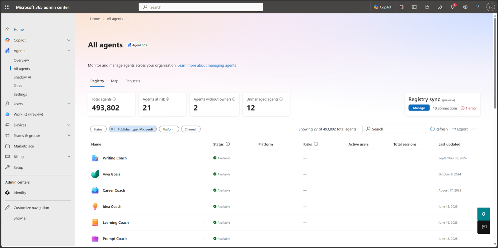 Agent registry list in the Microsoft 365 admin centre