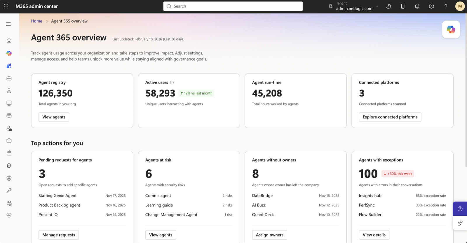 Agents at risk card on the admin centre overview
