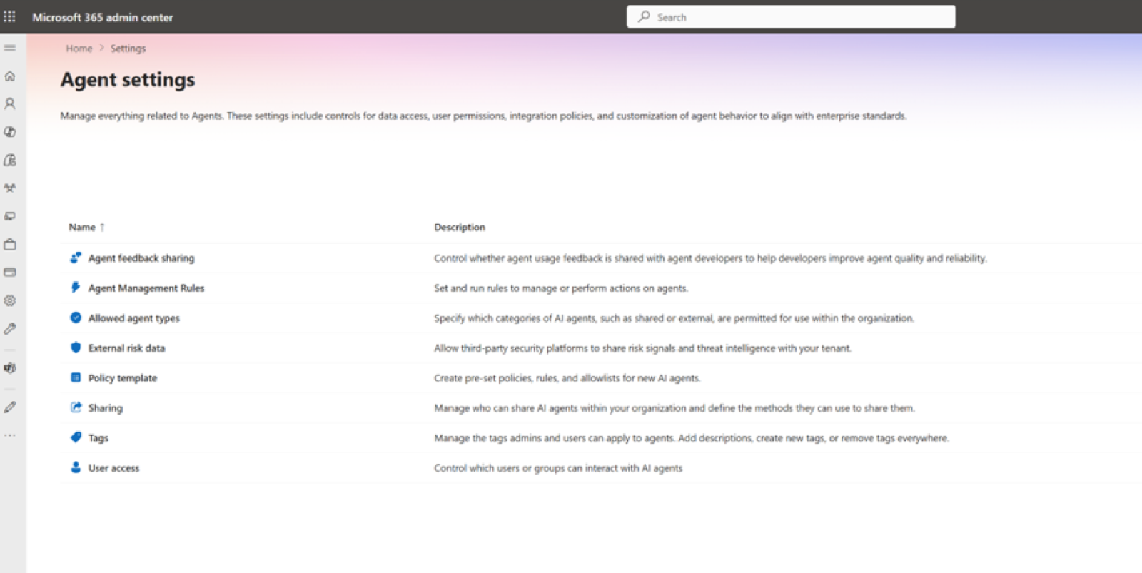 Agent settings page with management rules, allowed agent types, security templates, sharing and user access