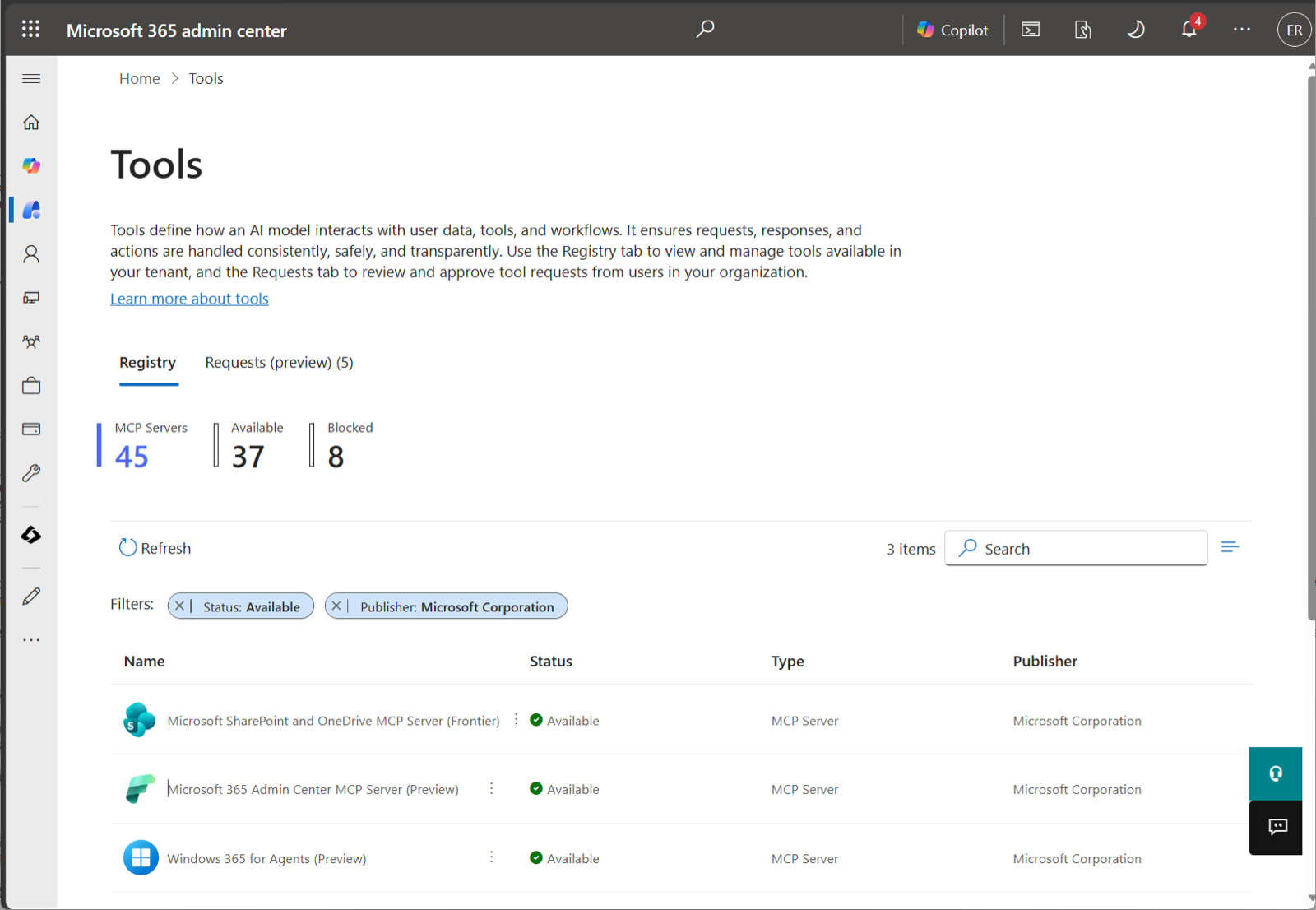 Tools registry listing MCP servers with status and publisher