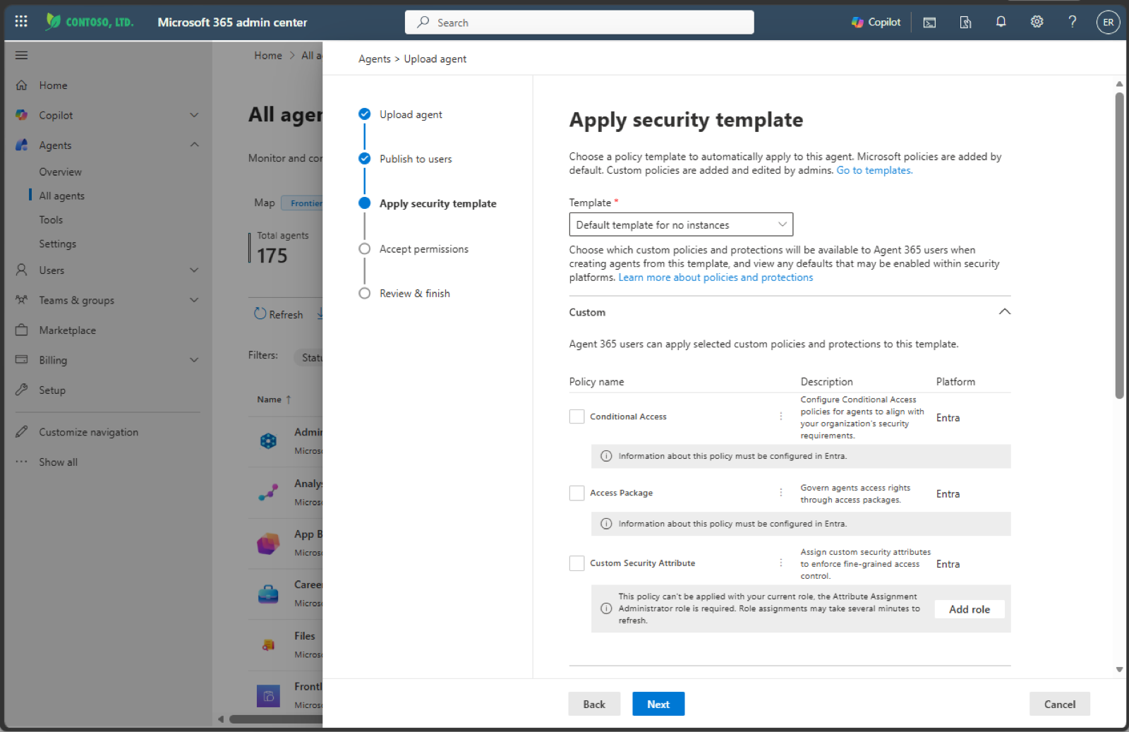 Apply security template step of the publish wizard