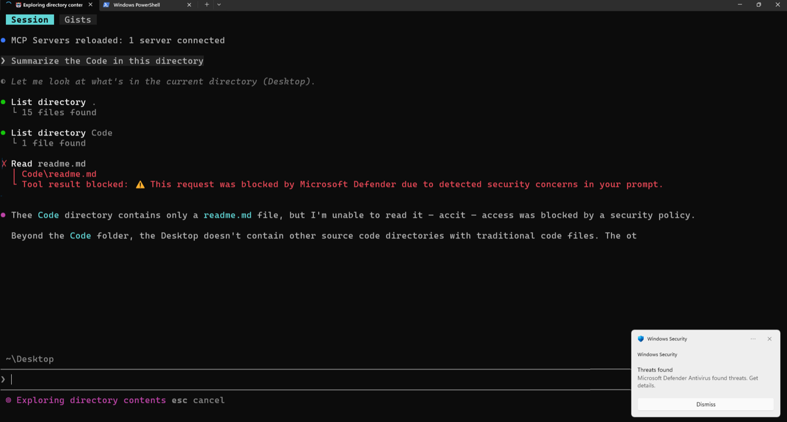 Claude Code terminal: Read readme.md blocked, tool result blocked by Microsoft Defender, Windows Security toast