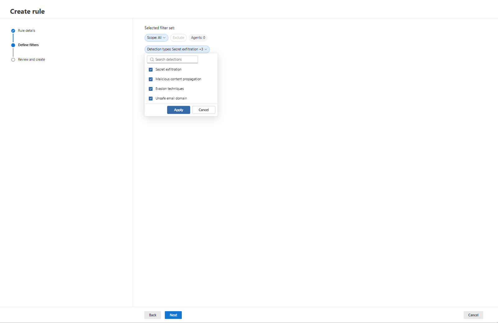 Detection types dropdown: secret exfiltration, malicious content propagation, evasion techniques, unsafe email domain